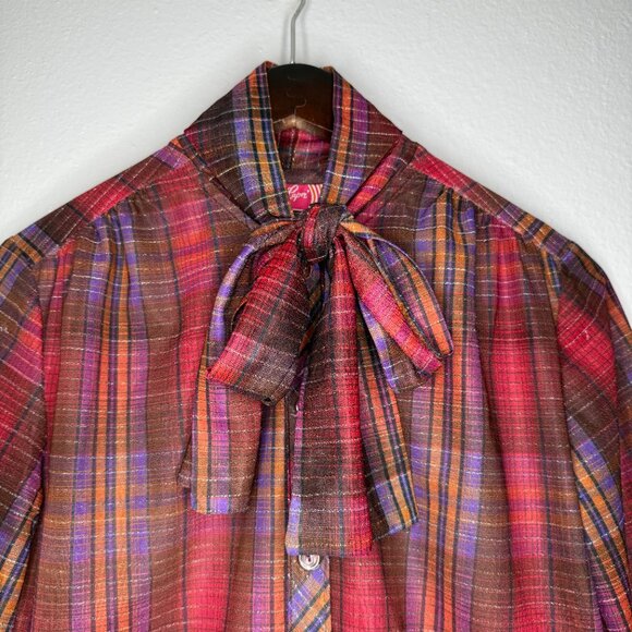 Vintage Blouse 70s Miss Capri Check Plaid Secretary Bow Blouse | Small - Picture 6 of 13